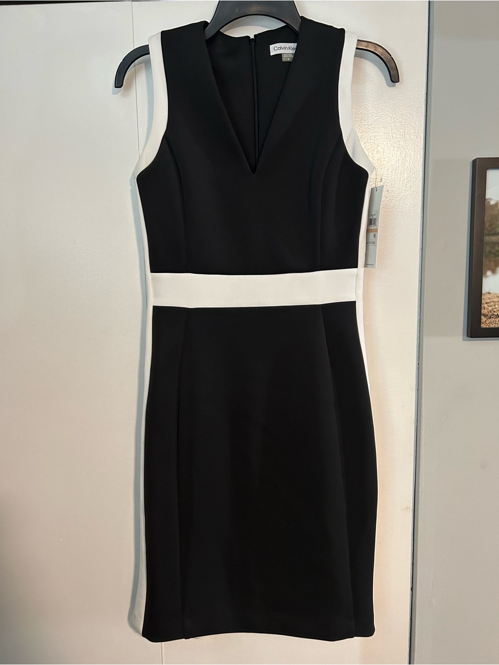 Calvin Klein Black and White Colorblock Sheath Midi Dress